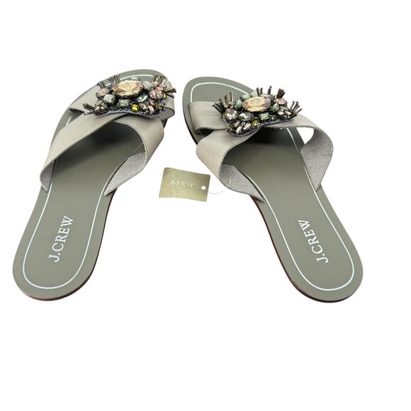 J. Crew Cyrpus Sandals Women's 8 Gray Leather Jeweled Flat Slide C6420 HTF NWT - Picture 11 of 16